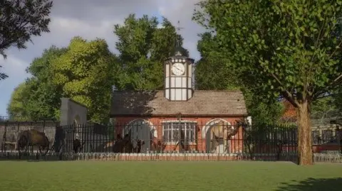 Ralph Stickley/ZSL A digital image of some camels in the original camel house, a brick building with a clock tower on top. There are railings in front of the house which is surrounded by trees and with a lawn in front.