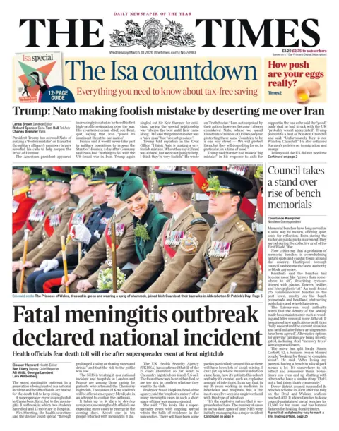 "Fatal meningitis outbreak declared national incident" reads the headline on the front page of The Times.