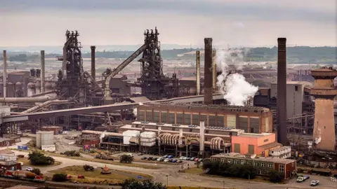 An aerial view of British Steel's Scunthorpe works on July 16, 2026 in Scunthorpe, England. 