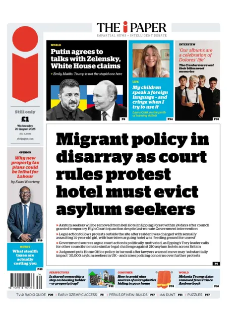 "Migrant policy in disarray as court rules protest hotel must evict asylum seekers" reads the headline on the front page of The i Paper.
