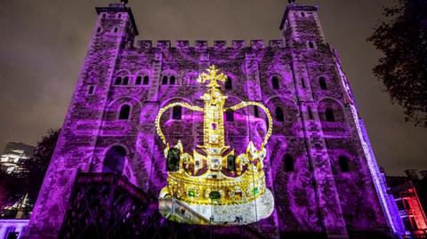 The Imperial State Crown projected onto the Tower of London