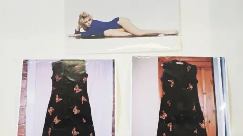 A picture of Brigitte Bardot on her side above two images of the black dress up for sale.