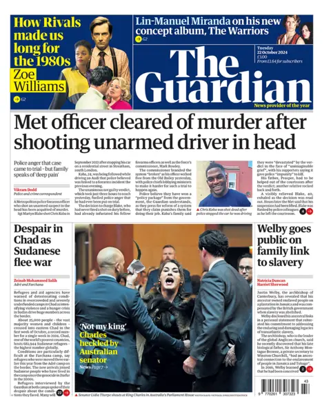 The headline in the Guardian reads: "Met officer cleared of murder after shooting unarmed driver in head". 