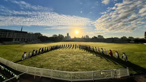Waddle of Worcester Dozens of colourful penguin statues lined up on a cricket field
