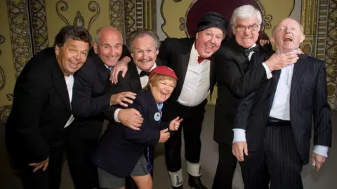 AFP via Getty Images Cannon and Ball, The Krankies, Jimmy Cricket, Frank Carson and Paul Daniels pictured on stage in Blackpool in 2008