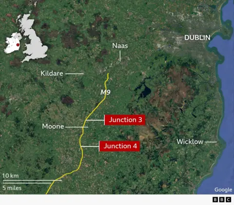A satellite image of the east cost of Ireland. Outline on the image is the M9 road, as well as Junction 3 and Junction 4.