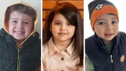 BBC The three children are shown in a composite image - all of them disappeared in the 6 February 2023 earthquakes in Turkey