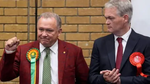 PA Media Plaid Cymru's Lindsay Whittle (left) celebrates after being declared winner for the Caerphilly Senedd by-election, at Caerphilly Leisure Centre. He is raising his right fist. He is wearing a red blazer and green tie, as well as a Plaid Cymru rosette.