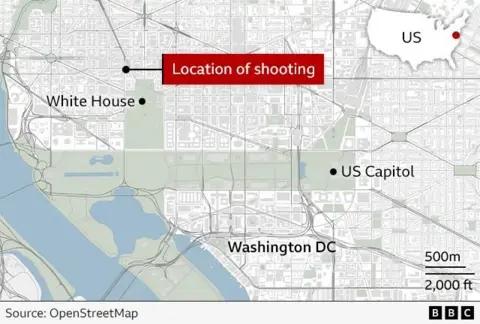 A map showing Washington DC and where the shooting took place