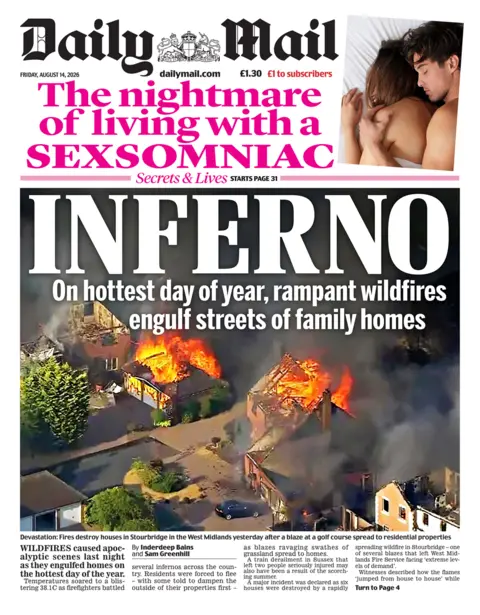 The headline on the front page of the Daily Mail reads: "INFERNO."
