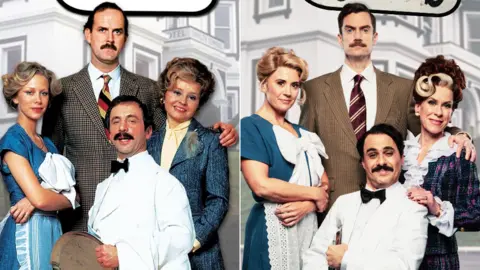 BBC/Trevor Leighton The casts of the original Fawlty Towers TV series, and the new West End stage show