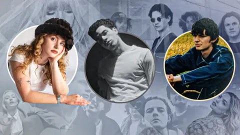 A composite image showing three people - one woman and a man - in circles set on a washed-out background featuring the images of a number of people's faces.