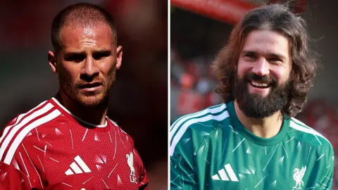 Alexis Mac Allister and Alisson during Liverpool's final game of the 2025-26 season
