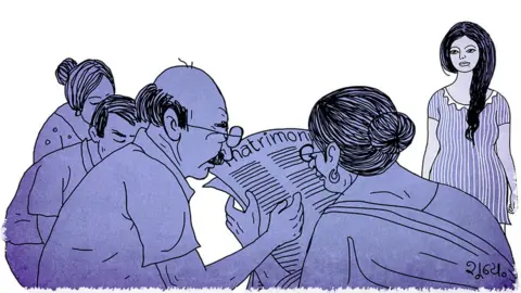 BBC Illustration of a group of people looking at newspaper