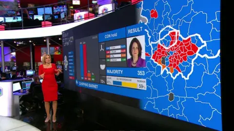 BBC Emily Maitlis at the BBC election results screen