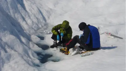 Aberystwyth University Dr Arwyn Edwards and Joseph Cook sampling glacier 'weathering crust' meltwater and ice to measure microbe numbers.