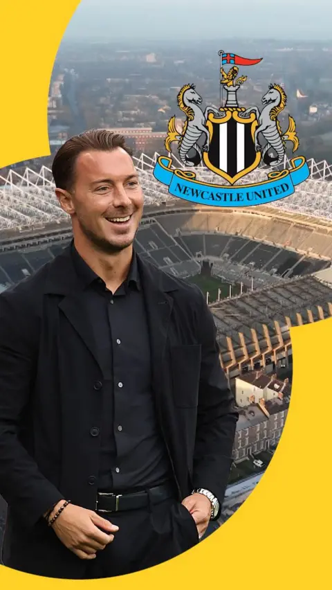 Newcastle boss Matthias Jaissle in a suit, in front of St James' Park