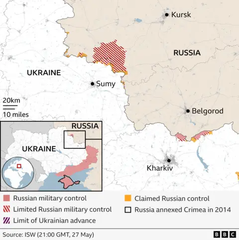 Map showing the Sumy region, in Ukraine's north east, and Russia's Kursk region. The map shows an area spanning the border to the north of the city of Sumy where Russian forces have limited control. Another area to the east, to the north of the city of Kharkiv, shows a small area of Russian control within Ukraine.