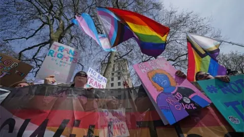 PA Media People take part in a demonstration outside Downing Street in London, to protest against the exclusion of transgender people from a ban on conversion therapy