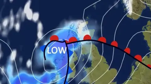 Weather map of the British Isles showing intense low over Ireland and Scotland.