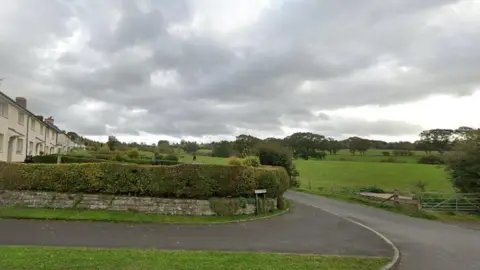 A general view of the land where the homes would be built. To the left is a row of white terraced houses with long front gardens stretching into the distance. A single lane road runs between them and grassy fields with clumps of mature trees dotted about the entire space.