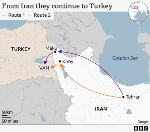 Map showing migrant routes from Iran to Turkey