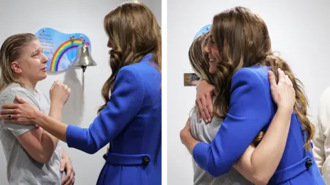 A split screen of the Princess of Wales hugging a cancer surviver in hospital. In the first picture we see the female patient's face and bell in background and the side of kate's face and in the second we see kate hugging the cancer survivor and smiling