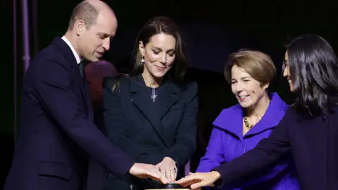 Getty Images The royal couple with governor-elect Maura Healey and mayor Michelle Wu as they lit up Boston City Hall