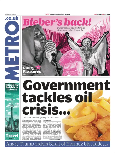 "Government tackles oil crisis...with ban on deep-fried food in schools," reads the headline on the front page of the Metro.