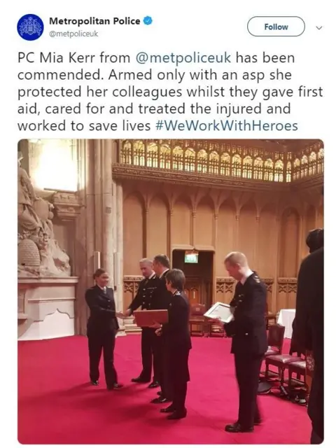 PA PC Kerr was recognised for her bravery at the London Bridge attack