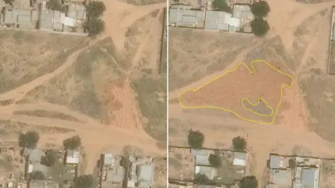 Satellite image ©2025 Maxar Technologies Left: Satellite image from 26 September of a recently established gravesite in the Daraja Oula neighbourhoodand Right: Satellite image from 10
October 2025 of the site in Daraja Oula neighbourhood with a yellow dotted line showing new burial mounds