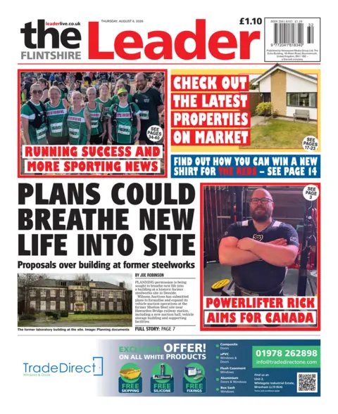 Flintshire Leader Flintshire Leader front page. The main headline reads: Plans could breathe new life into site, proposals over building at former steelworks. 