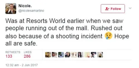 Twitter/@nicolesamartino Tweet describing how people ran from the mall