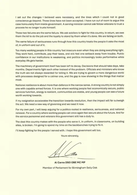 Al Carns/X A PDF of the second page of Carns' letter, which is signed with a handwritten signature