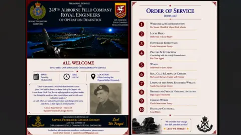 Gerard Stewart A leaflet is depicted showing an order of service for a memorial service for the 249th Airborne Field Company Royal Engineers. Prominent within it is a black and white head and shoulders picture of a man in uniform. On the other side is details of what will happen during the service 