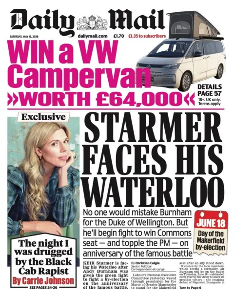 The headline on the front page of the Daily Mail reads: "Starmer faces his waterloo."