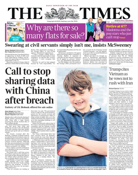 BBC "Call to stop sharing data with China after breach" reads the headline on the front page of the Times.