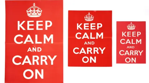 Anderson and Garland Three posters with the words Keep Calm and Carry on in different sizes from large to small