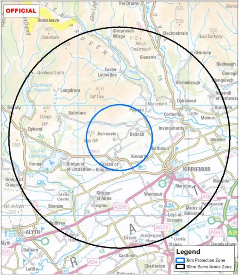 Scottish government A 3km protection zone, within the blue circle, and a 10km surveillance zone, within the black circle, have been set up in Angus