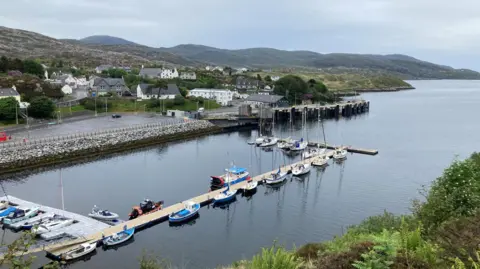 BBC A view from a hill towards Tarbert and its marina.