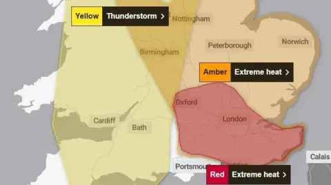 Met Office A map of the UK with areas in red and orange to indicate extreme weather is expected.