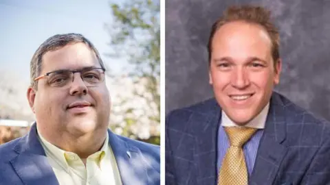 LDRS a collage of two men
the man on the left is wearing glasses with an orange and black frame. He is wearing a yellow shirt and navy blazer. He has grey hair. The man on he right is dressed in a navy checkd blazer, a white collared blue pinstripe shirt and a yellow spotted tie. He has brown hair. 