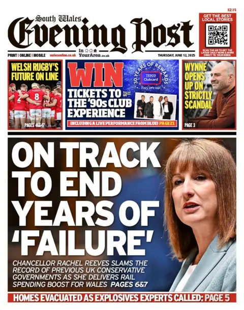 South Wales Evening Post South Wales Evening Post with the headline "On track to end years of 'failure'" and a picture of Chancellor Rachel Reeves
