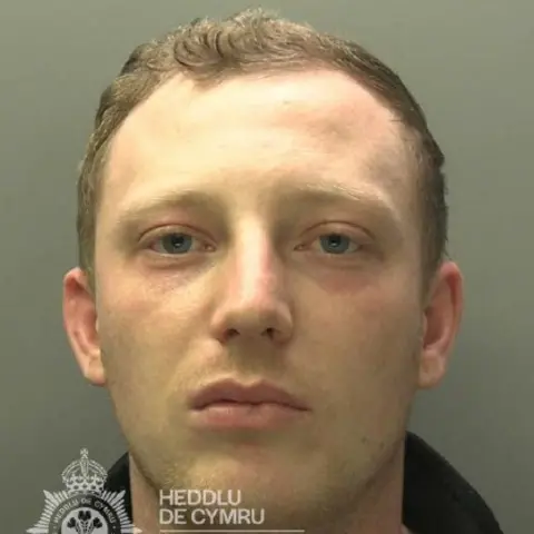 South Wales Police Thomas Morgan mugshot in police custody, looking towards the camera, wearing a dark top