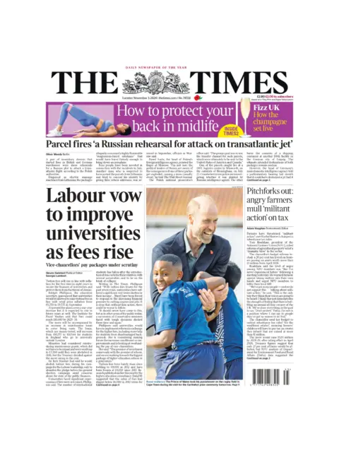 The headline on the front page of the Times reads: "Labour vow to improve universities as fees rise" 