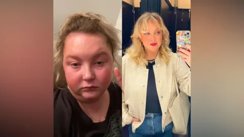 PA Media Two pictures of Holly Dyson alongside each other. She is pictured in a black top with a tear running down her face. The second photograph she is wearing a blue top, beige jacket and blue jeans and holding her phone and smiling at the camera.