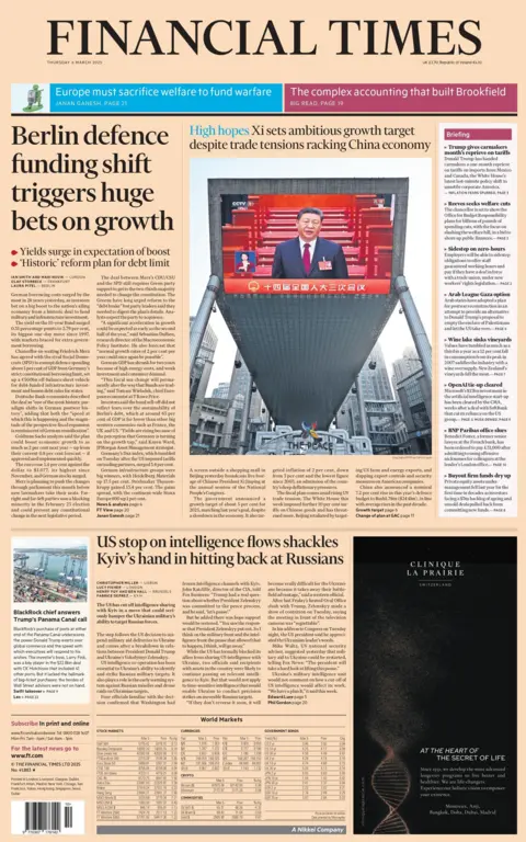 The headline on the front page of the Financial Times reads: "Berlin defence funding shift triggers huge bets on growth."