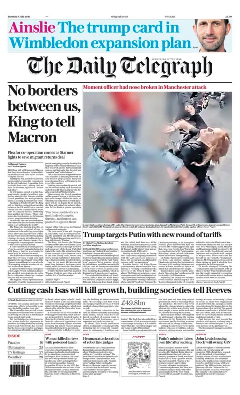 "No borders between us, King to tell Macron," is the headline on the front page of the Daily Telegraph