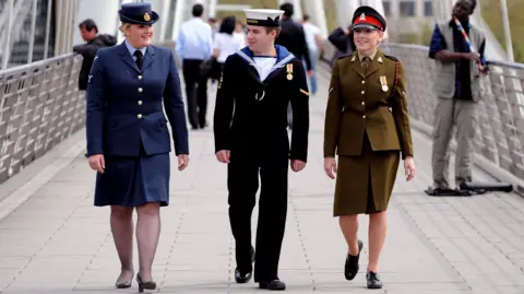 SATH Three uniformed military staff, one man and two women, walk side-by-side across a bridge. One is in a navy blue uniform with a hat and skirt, one is in dark trousers and top with blue collar and white hat, and one is in a brown skirt and buttoned blazer with a hat. 