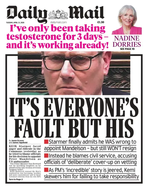 "It's everyone's fault but his" reads the headline on the front page of the Daily Mail. 